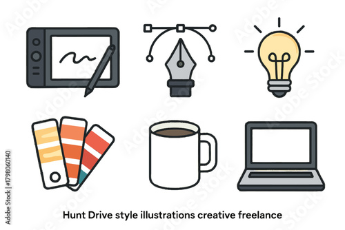 Design palette tablet creative no freelance text essentials pen mug icon clean