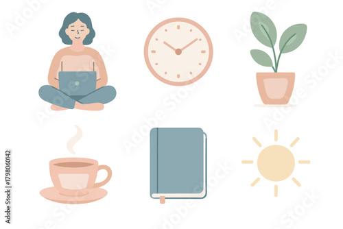 Gentle life vector sitting text person design laptop white work icon calm