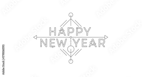 Festive happy new year text design with abstract swirling elements and celebratory motifs for holiday greetings