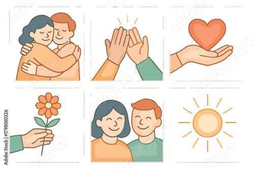 Icon smiling balanced vector flower sharing background positivity text white faces two