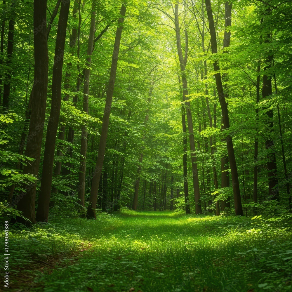 Fototapeta premium A peaceful, dense green background showcasing lush woodland environment, ideal for nature-themed design or tranquil ecological backdrop ,serene ,texture ,natural