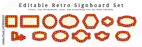 Retro red lighted signboard set with editable vintage marquee frames and glowing bulbs vector illustration