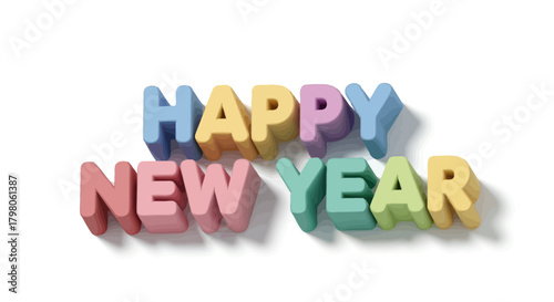 Festive happy new year typographic design with elegant curves and celebratory elements for holiday greetings