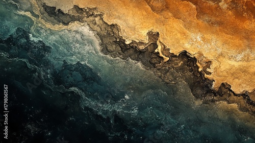 Stunning aerial view of abstract coastal textures with vibrant golden sands meeting deep, mysterious ocean blues