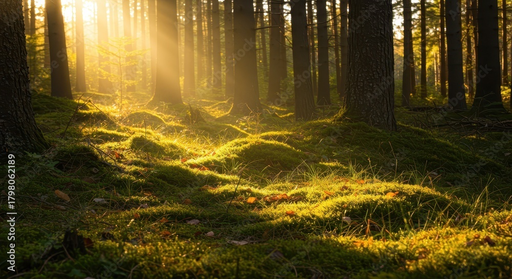Obraz premium Ethereal sunbeams pierce the canopy, bathing a vibrant, moss-covered woodland glade in soft, golden autumn light ,dappled, nature, bright