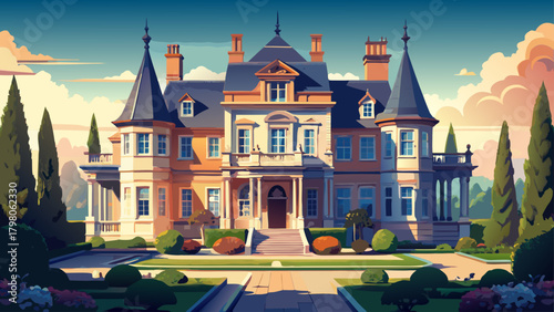 Very beautiful luxury Victorian mansion featuring intricate architectural details, tall elegant windows, a manicured garden in the foreground, and a grand highlighted entrance, presented as a refined 