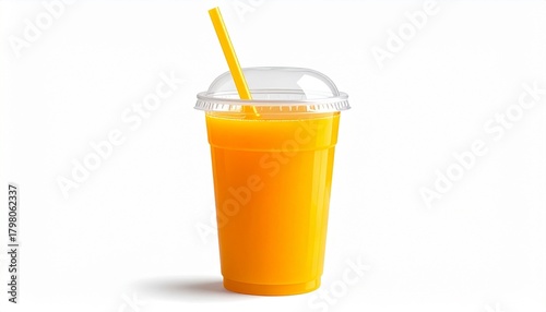Clear plastic cup of bright orange juice with dome lid and yellow straw—set against white background