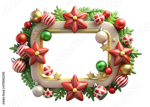Festive Christmas Frame with Red Stars and Colorful Ornaments for Holiday Memories