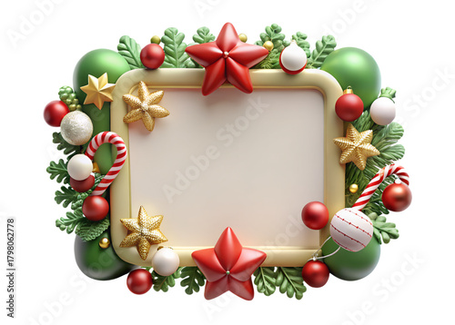 Colorful Christmas Frame with Red Stars Green Ornaments and Gold Stars for Holiday Photos