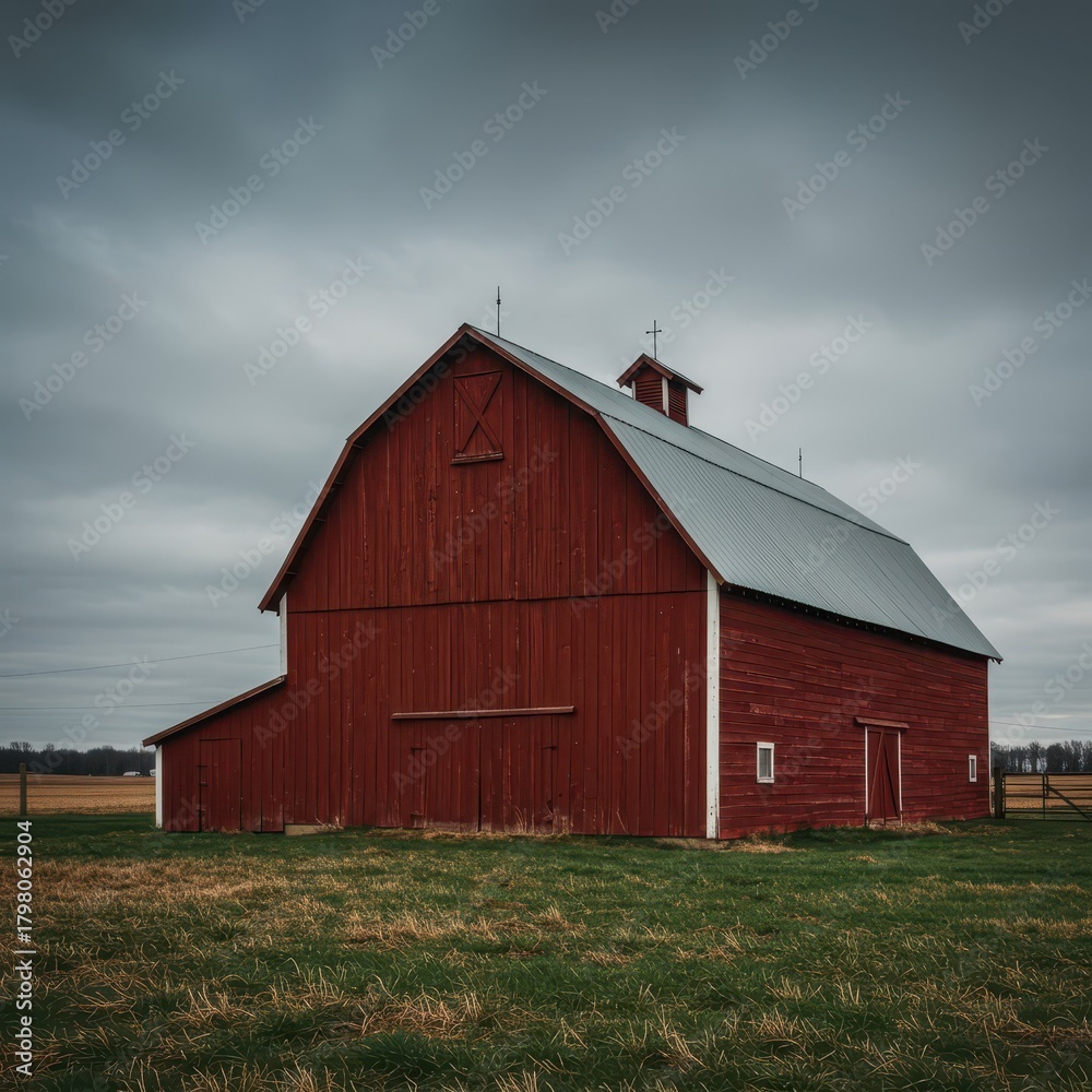Obraz premium Classic red wooden barn structure dominates this tranquil farmstead scene, capturing the essence of rustic rural life and agriculture heritage, field, farm, historic