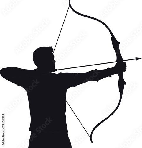 Silhouette of archer aiming bow and arrow, traditional posture, focus and precision, dynamic stance, flat vector illustration