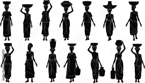 Group of traditional women carrying containers on head, cultural attire, silhouette style, daily life scene, flat vector 
