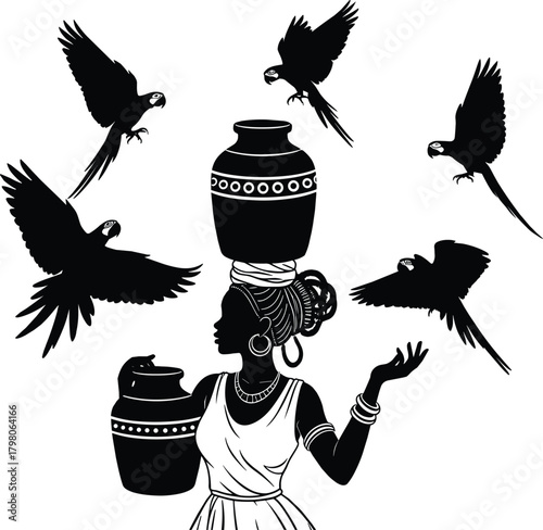 Traditional woman carrying pots with parrots flying around, ethnic dress, cultural lifestyle, tribal jewelry, village scene, flat vector illustration