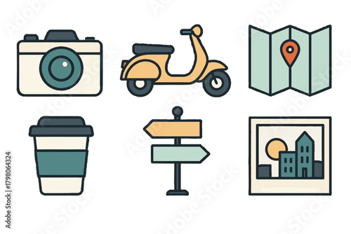 Modern city map exploration coffee sign no icons text camera icon vector