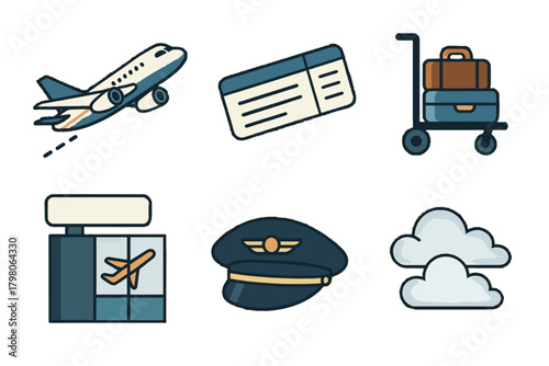 Airport luggage jet taking boarding background icon elements travel smooth air hat