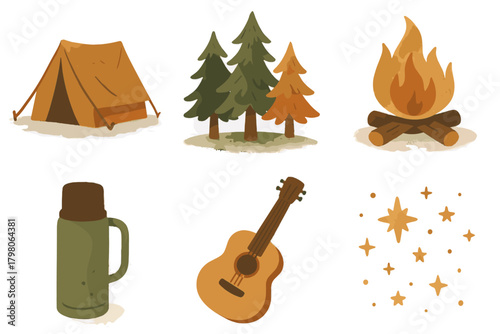 Cozy vector adventure icon guitar background no camping thermos natural illustrations white