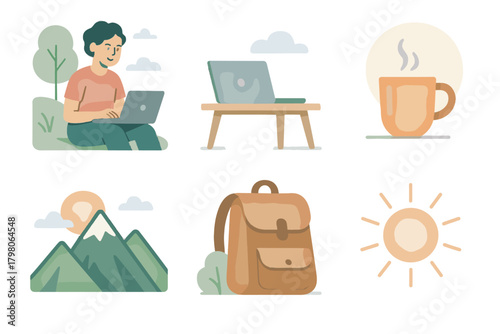Freelance smooth outdoors bliss vector icon serene background design no backpack working
