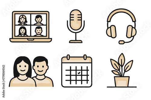 Video vector calendar background virtual meeting desk white microphone computer smiling icon
