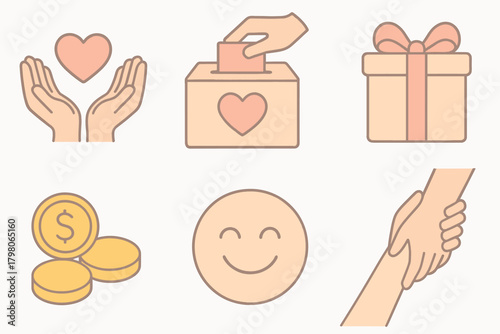 Smile helping illustrations charity hands giving ribbon icon white pastel text vector