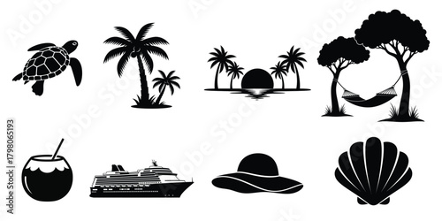 Collection of black silhouette tropical island vacation travel icons and symbols on white background