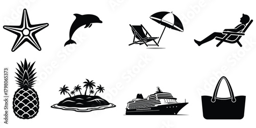 Collection of black and white vacation and travel icons including a starfish dolphin beach chair and cruise ship