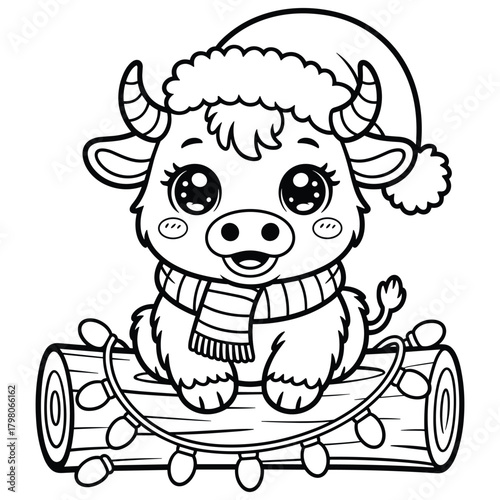 Cute cartoon bull wearing a santa hat and scarf