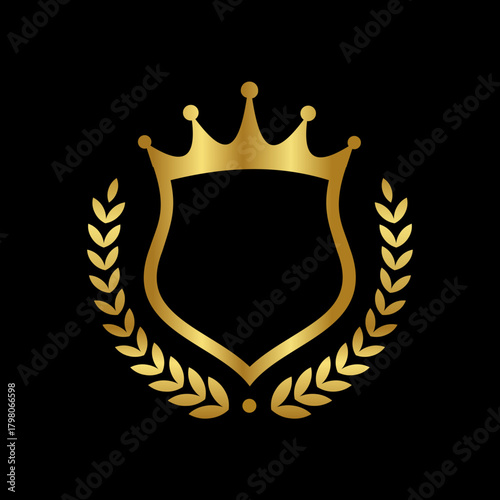 Elegant golden shield crest with a royal crown and laurel wreath, a symbol of victory and luxury on a black background