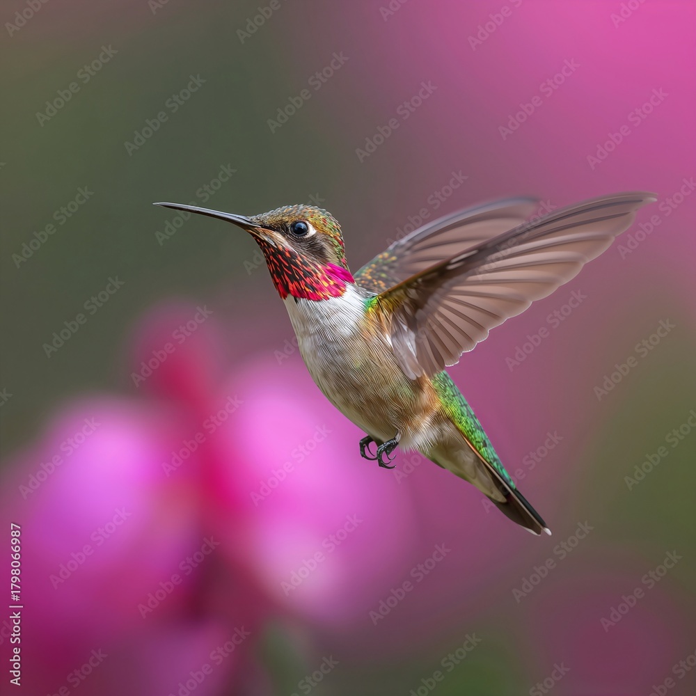 Fototapeta premium Vibrant Close-Up of a Hummingbird Hovering in Mid-Air With Iridescent Feathers and Soft Floral Background