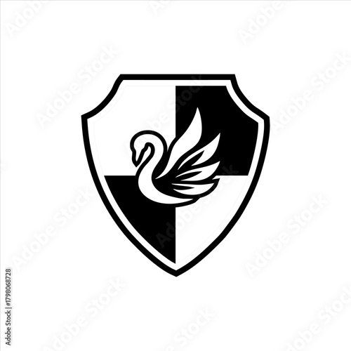 Monochrome graceful swan on a stylish checkered black and white shield emblem