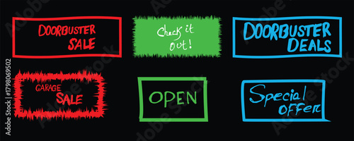 Hand-drawn sale and offer signs set for promotional marketing