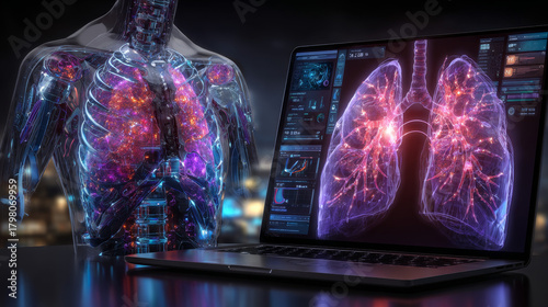 Artificial lung concept, lungs X-ray with advanced imaging device 3d rendering