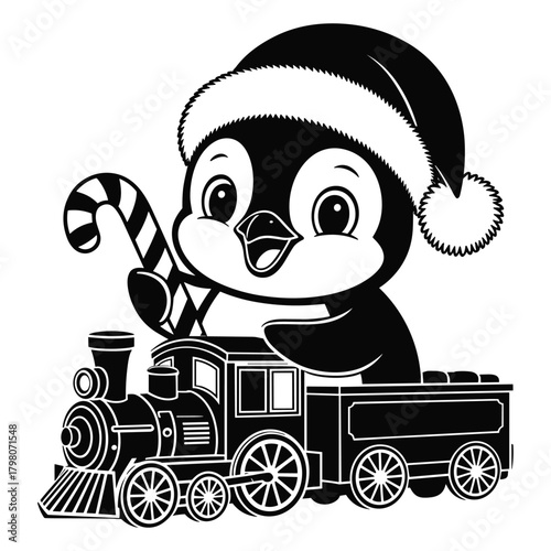 Cute penguin wearing a santa hat driving a train