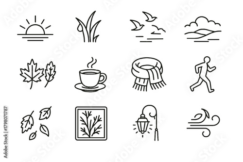 Leaves icons vector breeze morning frost grass autumn warm mist collection icon
