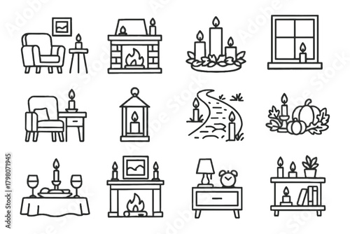 Garden candle vector setting mantelpiece table decorative nightstand icon set cozy room