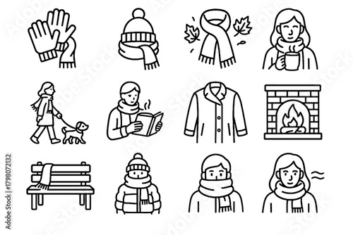 Paired wind icon scarf bench wrapped cozy vector tightly fireplace sipping drink