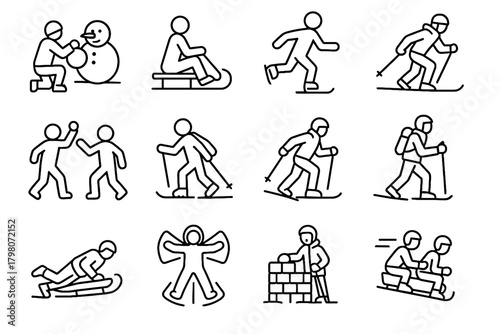 Vector icons fight snow snowball sledding snowman icon racing activity tobogganing angel