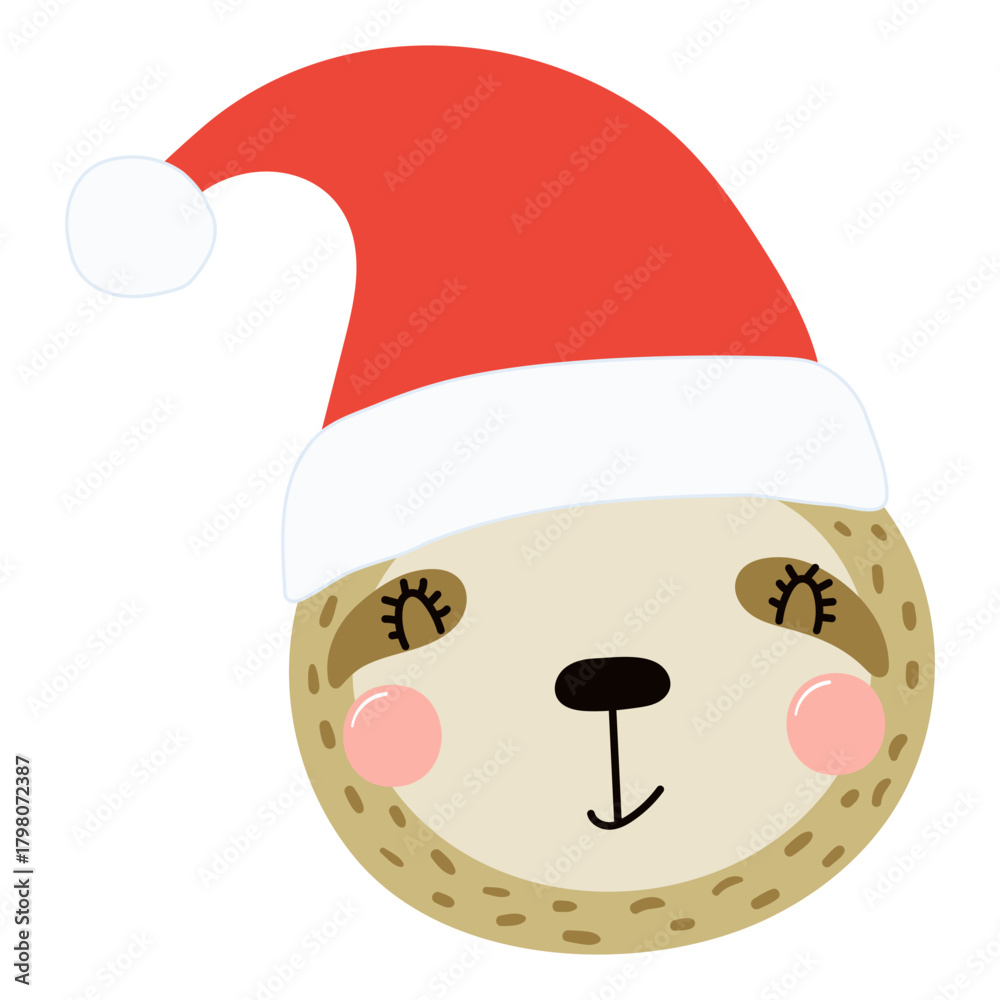 Naklejka premium Sloth in a Santa Claus hat isolated on transparent. Hand drawn flat vector illustration. Cute cartoon character. Traditional Christmas, New Year, seasonal design element, holiday clip art