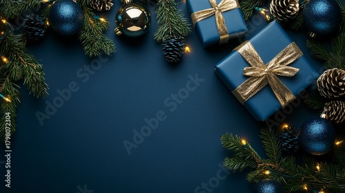Elegant blue holiday gifts with golden ribbon, shimmering ornaments, pinecones, and warm fairy lights create a festive winter celebration backdrop