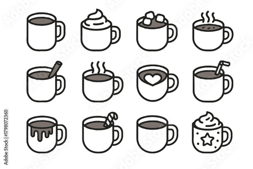 Icons foam steaming stick vector mug festive cinnamon chocolate hot marshmallows icon