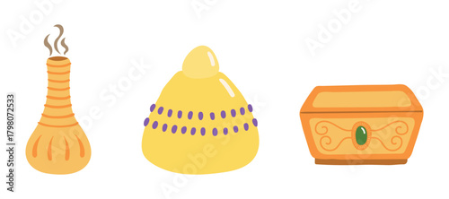 Three Kings Day gifts of frankincense, myrrh, gold isolated on transparent background. Hand drawn flat vector illustration. Epiphany, Three Kings Day, Christmas design element, holiday clip art