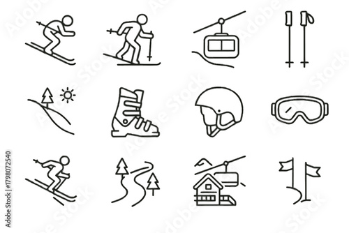 Lift skier icon goggles markers vector boots skiing slope ski poles collection