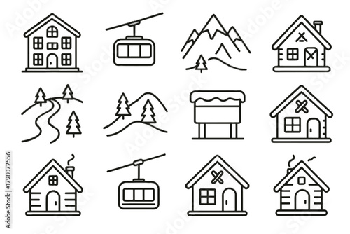 Ski hill chalet cozy resort peak icon vector school sign