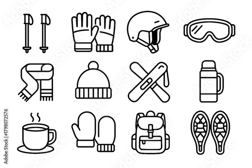 Icons poles icon ski mittens scarf goggles snowshoes vector gloves accessories hot