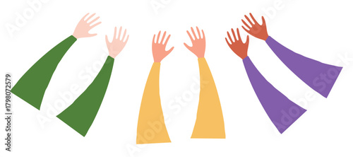 Tree pairs of human hands, arms isolated on transparent background. Hand drawn flat vector illustration. Cartoon body parts, design element, clip art