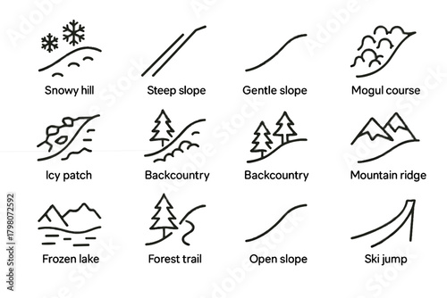 Vector lake icy snowy ridge steep ski trail icon terrain jump icons
