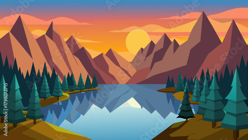 Isometric Mellow Ridge: a tranquil valley landscape in layered 3D-flat design with subtle shading