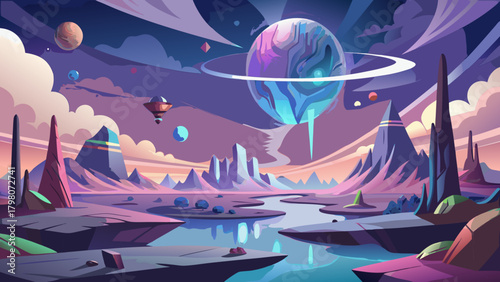 Fantastic Frontiers: a serene dreamscape of floating islands and crystal bridges in vector style