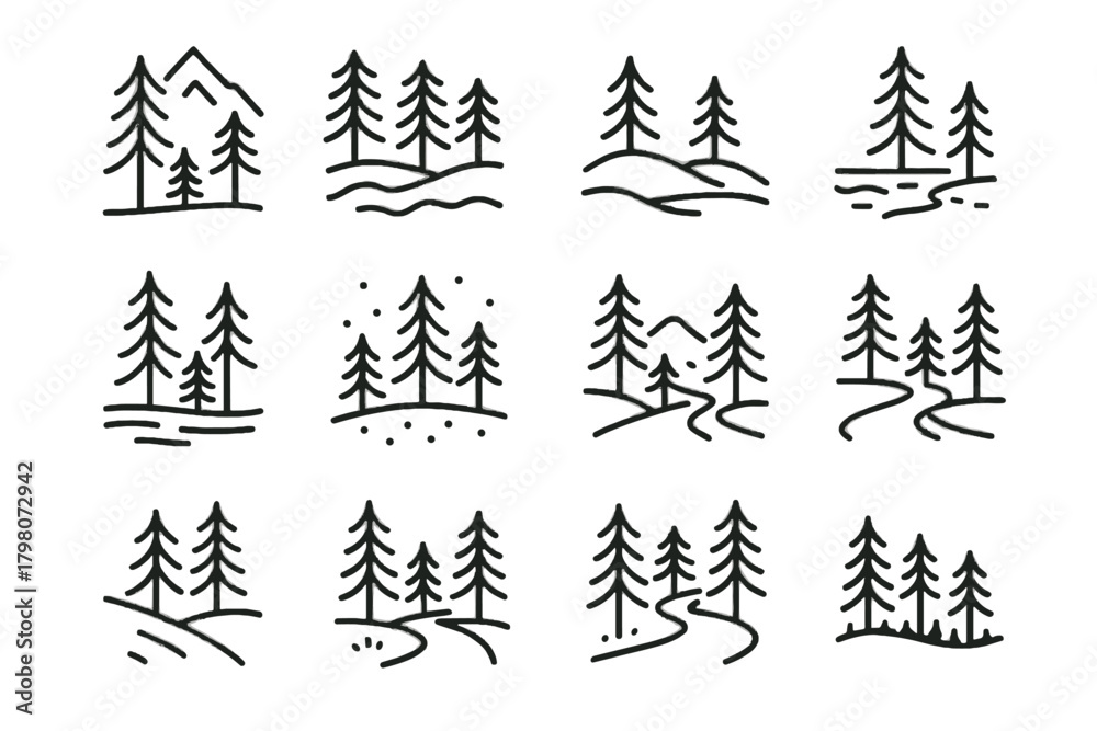 Obraz premium Hilltop valley icon pine tree silhouette vector trail field ridge path
