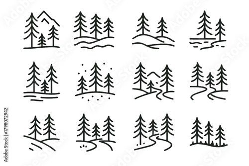 Hilltop valley icon pine tree silhouette vector trail field ridge path