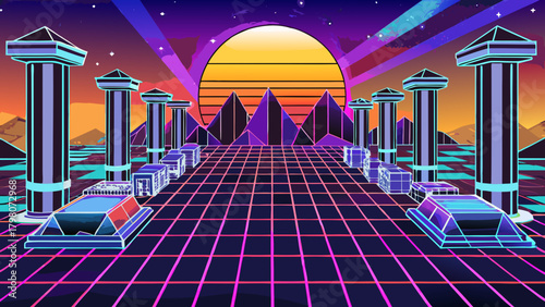 Time Warp cityscape: retro-futurist fusion with ancient grandeur in bold vector geometry